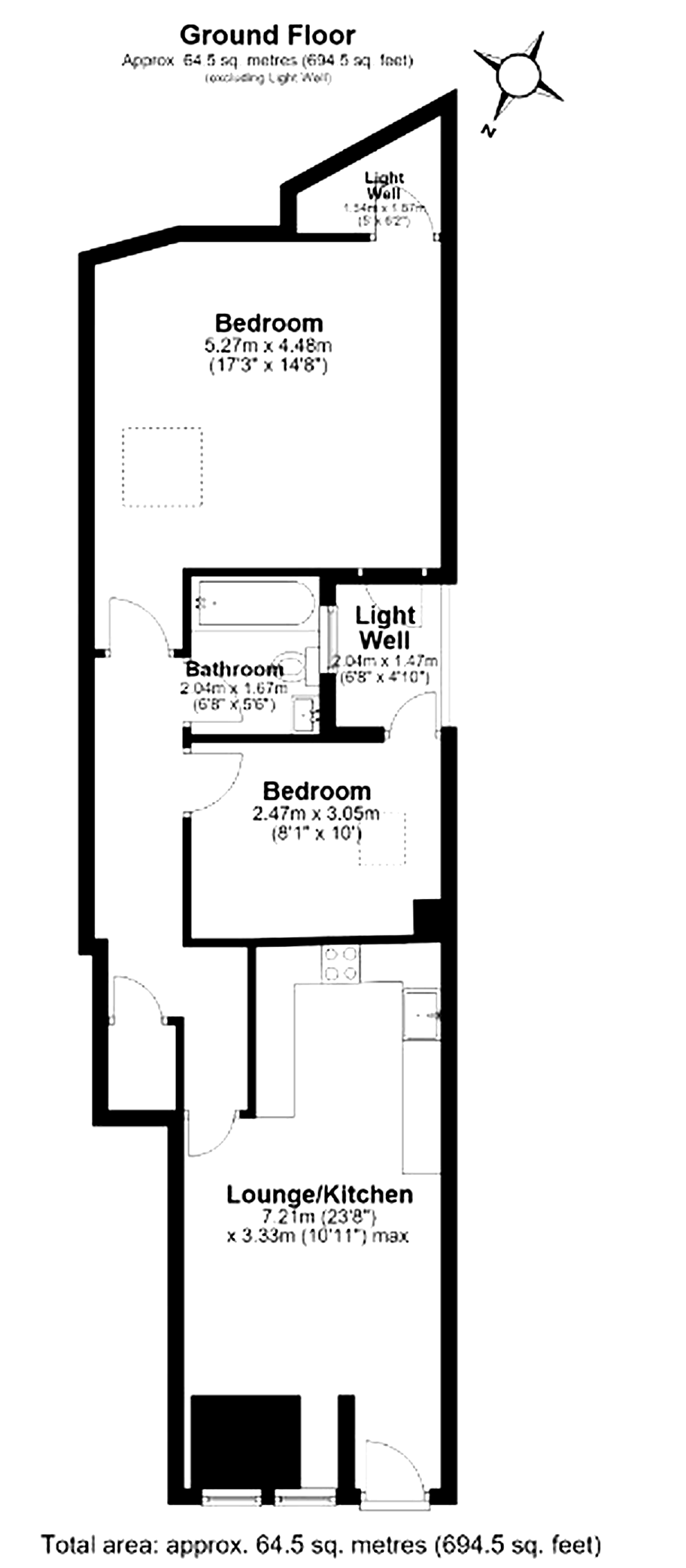 Ground floor plan: lounge/kitchen 7.21m x 3.33m at the front, second bedroom 2.47m x 3.05m, bathroom 2.04m x 1.67m, principal bedroom 5.27m x 4.48m at the rear, and two light wells. Total approx. 64.5 sq m (694.5 sq ft).