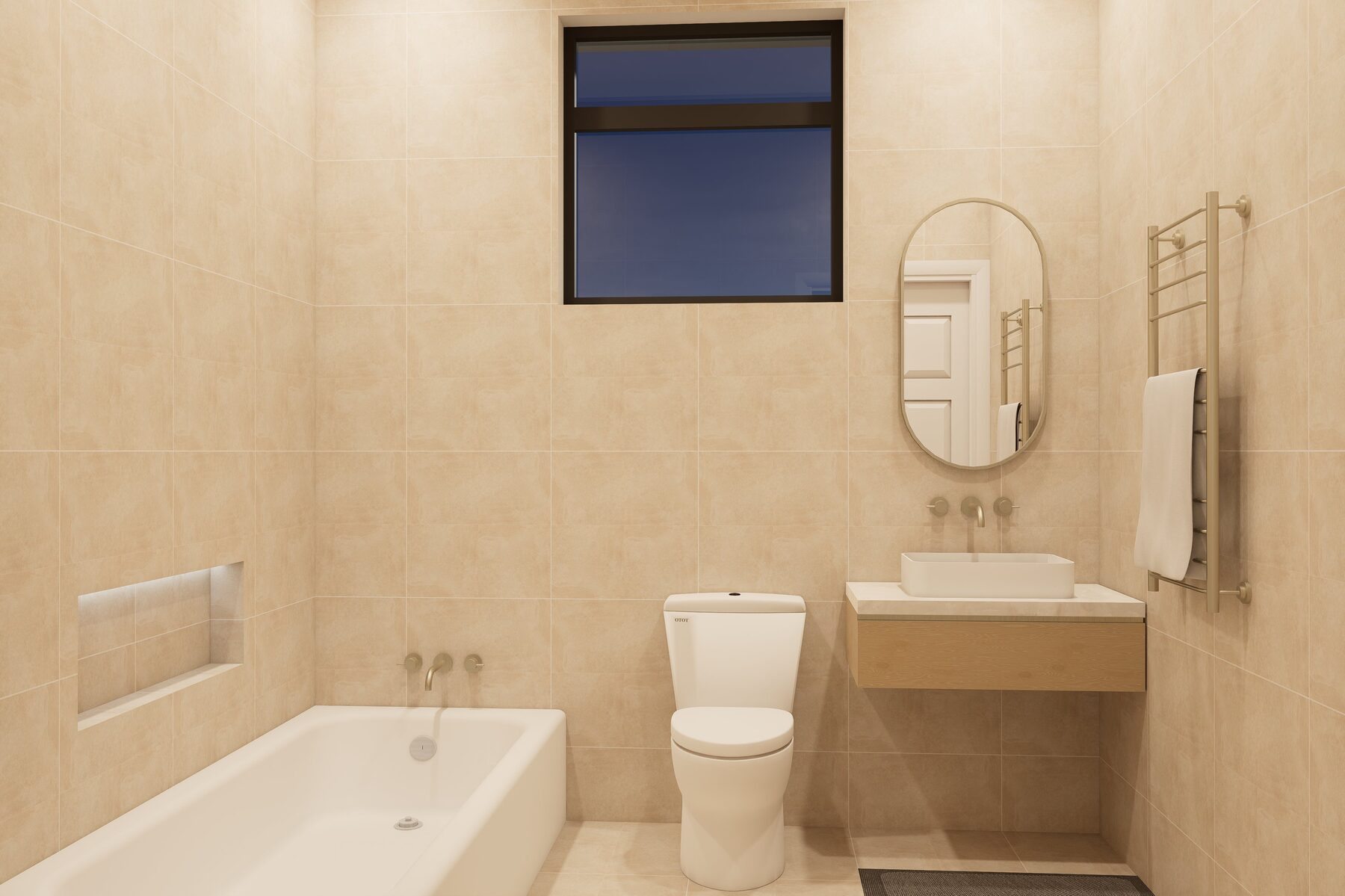 Stone-toned family bathroom