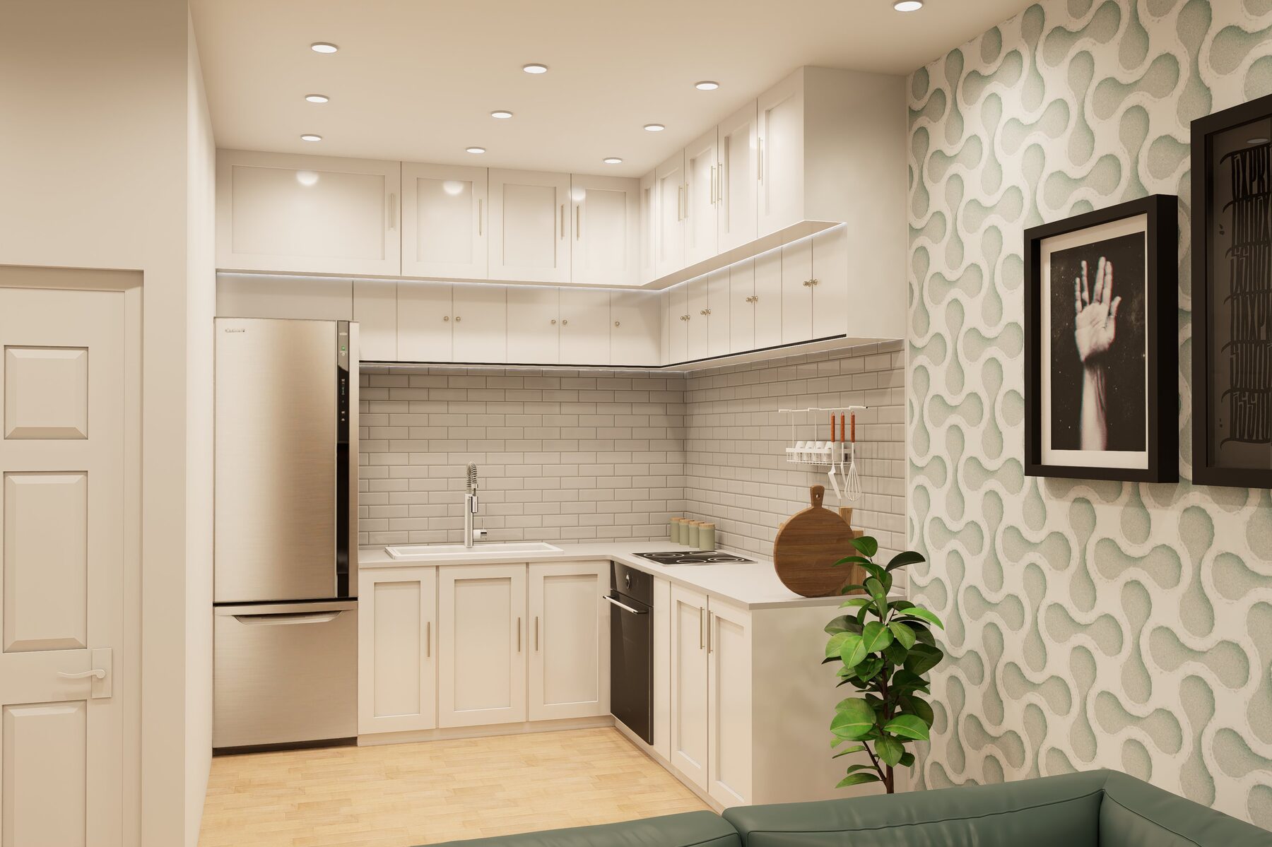 Shaker kitchen with subway-tiled splashback
